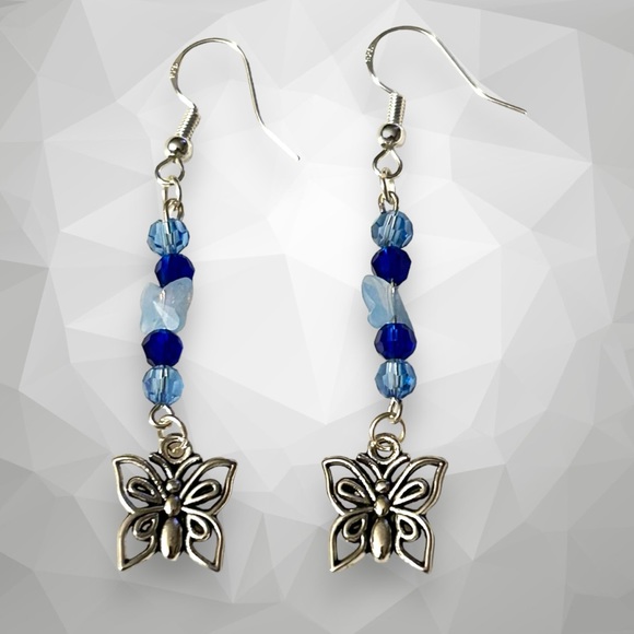 Hand Crafted Jewelry - Hand Crafted Earrings Butterfly Blue Swarovski Dangle Silver Long Pierced